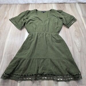 Boston Proper Dress Olive Green Cotton‎ Gauze Crochet Lace Mini V-Neck Medium